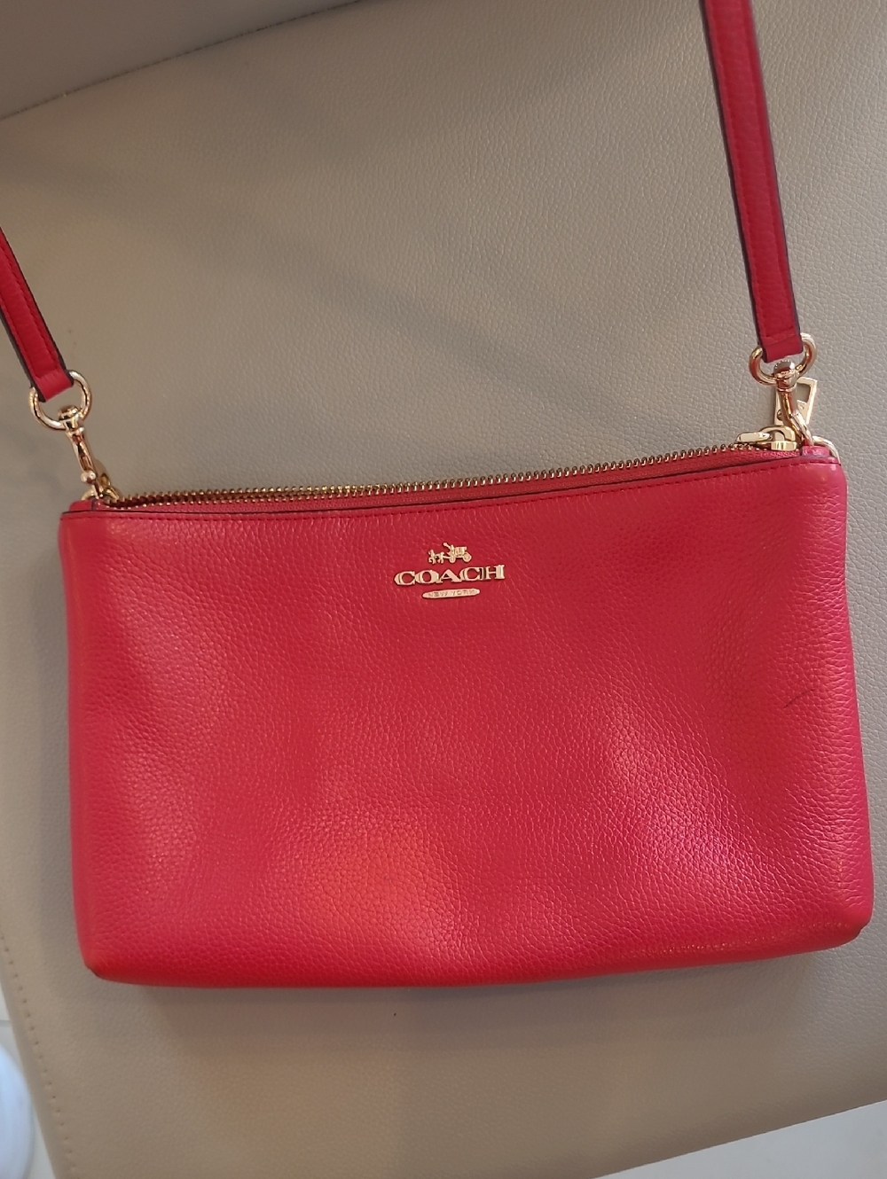 COACH Pebbled Leather Crossbody in Bright Red with Gold Hardware